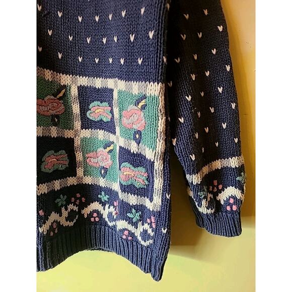 Vintage Women's Medium Heavy Knit V-neck Sweater Blue Hearts Flowers Grandma Mom - Picture 3 of 5